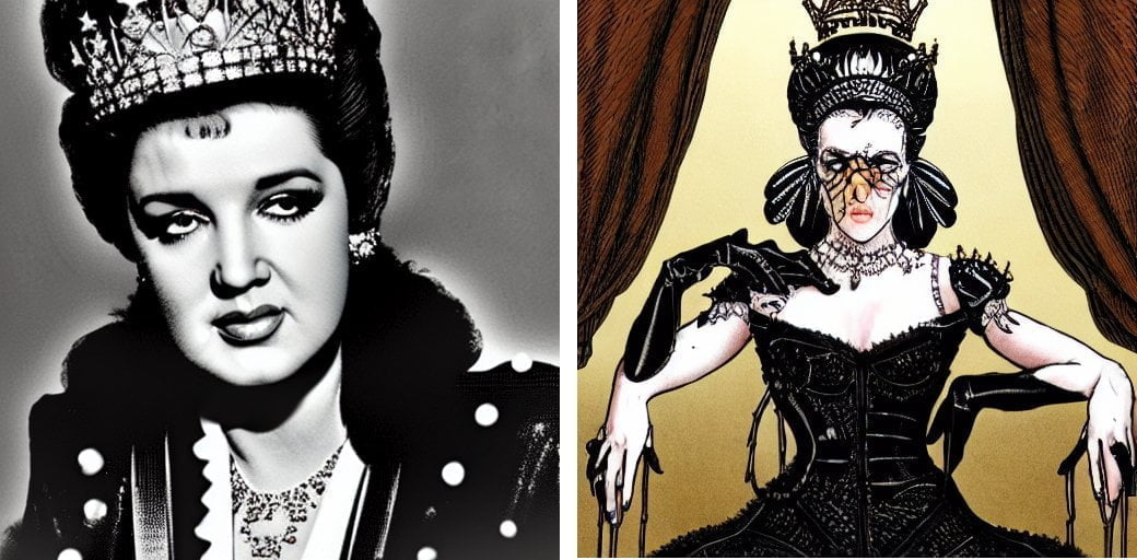 I Just Noticed That Gave "queen Elvis" And "the Queen Of Eyes, With Her Carapace Shell And Her Black Lace Thighs" The Same Bouffant With A Mullet Hairdo. I Wonder Where It Got That From?