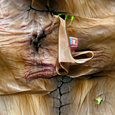 Old lady bent like a question mark, with a shopping bag and skin of bark