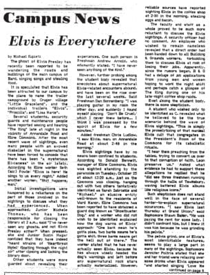 Campus News: "Elvis Is Everywhere" by Michael Kupietz. Bard Observer, Thursday, November 10, 1988, Page 2