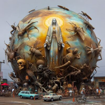 This is "Defenestration", a downtown public art piece in San Francisco by artist Brian Goggin designed as a welcome to the techies who arrived during the dotcom boom.