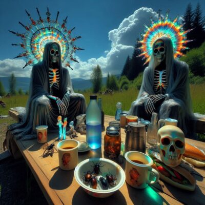 A young hippie couple picnicking in Colorado.