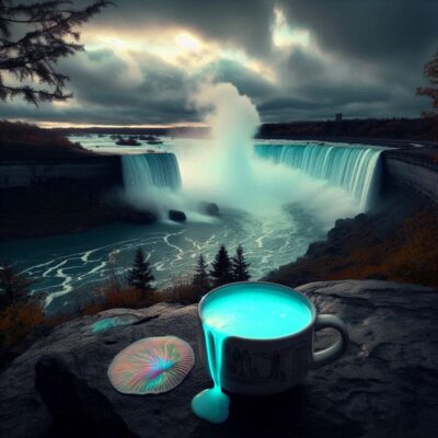 Having an evening beverage, at dusk at a Niagara Falls overlook