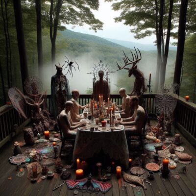A few friends gather for brunch on the patio of a cabin in the Adirondacks