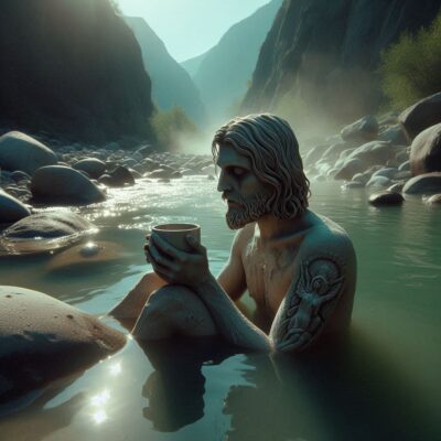Early morning bather relaxing in a creek in the Catskills