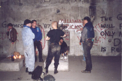 In the main gallery. (The bald man is the late Paul Addis, who later gained national notoriety for prematurely torching Burning Man in 2007.)